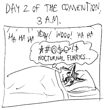 Cartoon about trying to sleep at a furry con.