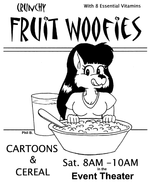Crunchy Fruit Woofies with 8 Essential Vitamins: Flyer for Cartoons & Cereal