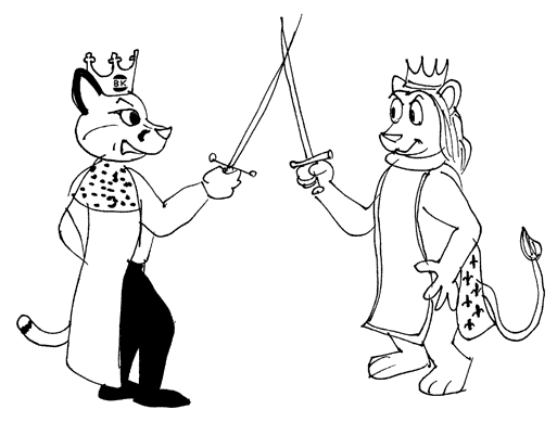 The treacherous Prince John crosses swords with his brother, King Richard the Lion(-hearted)